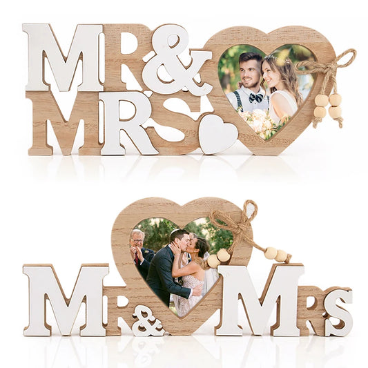 Mr. & Mrs. Wooden Heart Photo Frame